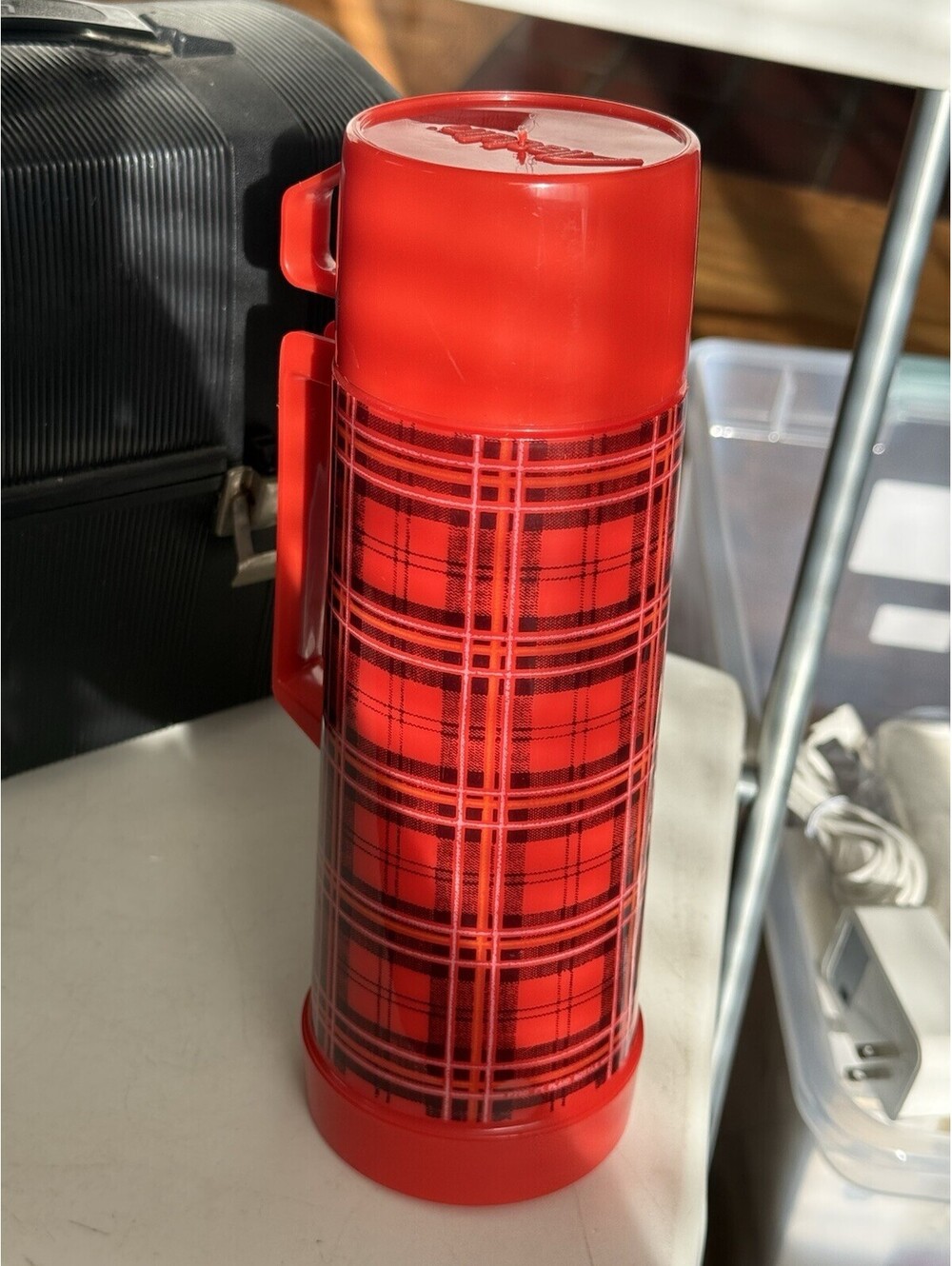 Vintage Aladdin Black Plastic Lunch Box with Red & Black Plaid Thermos USA Made